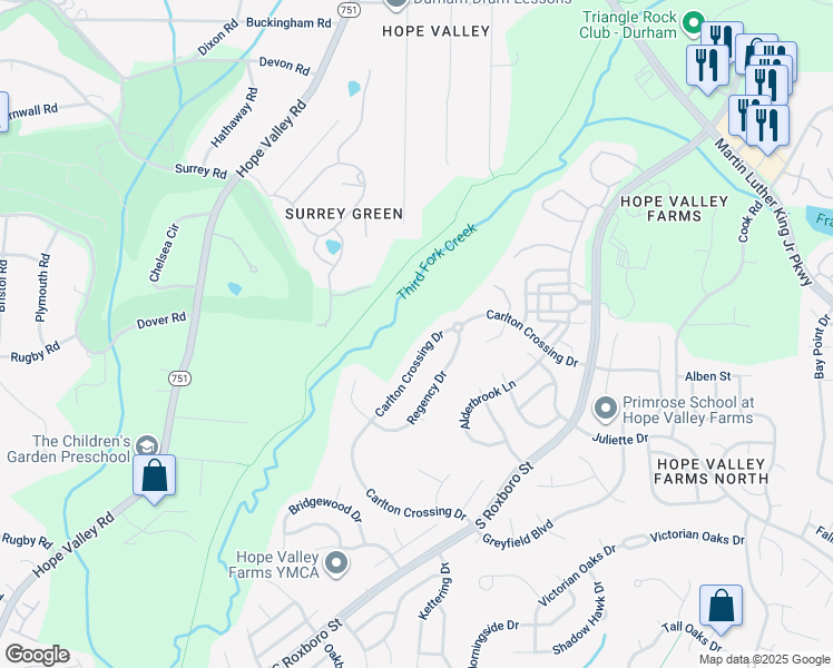 map of restaurants, bars, coffee shops, grocery stores, and more near 4602 Carlton Crossing Dr in Durham