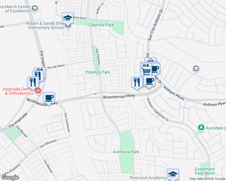 map of restaurants, bars, coffee shops, grocery stores, and more near 3052 Bicentennial Parkway in Henderson