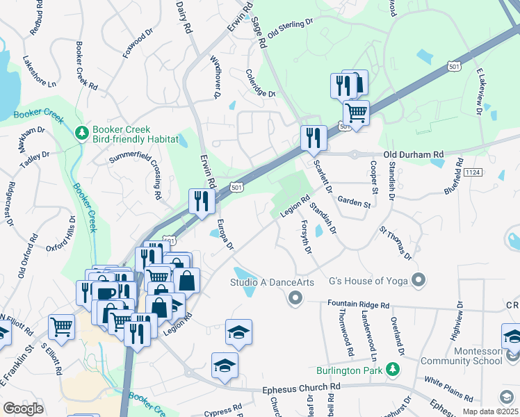 map of restaurants, bars, coffee shops, grocery stores, and more near 100 Formosa Lane in Chapel Hill