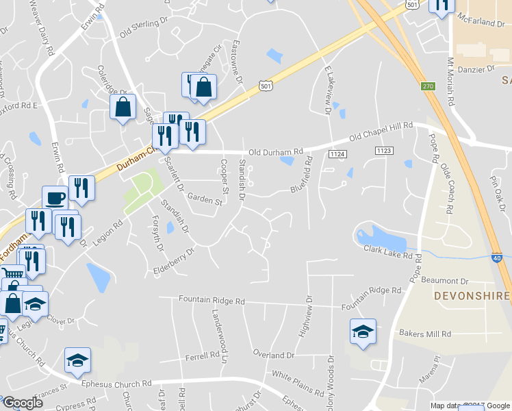 map of restaurants, bars, coffee shops, grocery stores, and more near 107 Sir Richard Lane in Chapel Hill