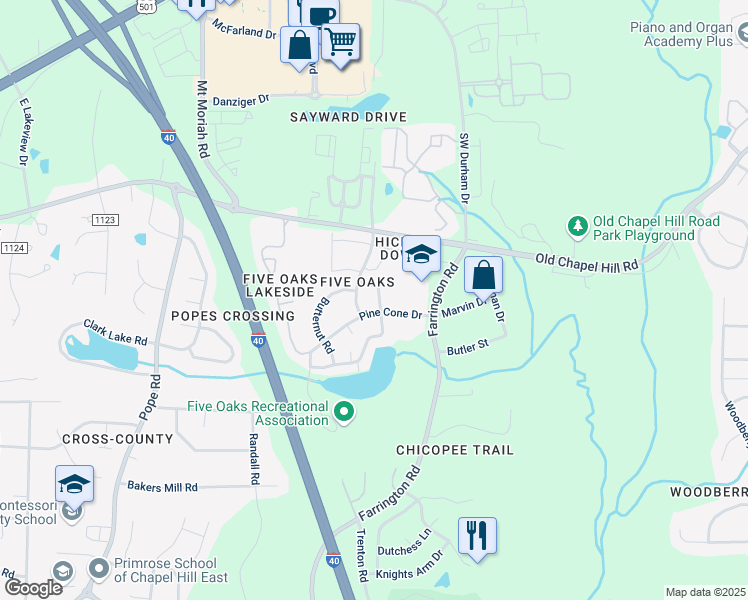map of restaurants, bars, coffee shops, grocery stores, and more near 4120 Beechnut Lane in Durham