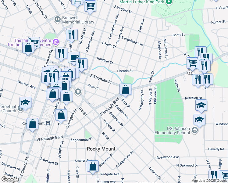 map of restaurants, bars, coffee shops, grocery stores, and more near 416 Rose Street in Rocky Mount