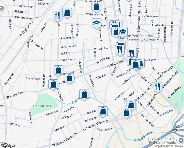 map of restaurants, bars, coffee shops, grocery stores, and more near 537 West Ward Avenue in High Point