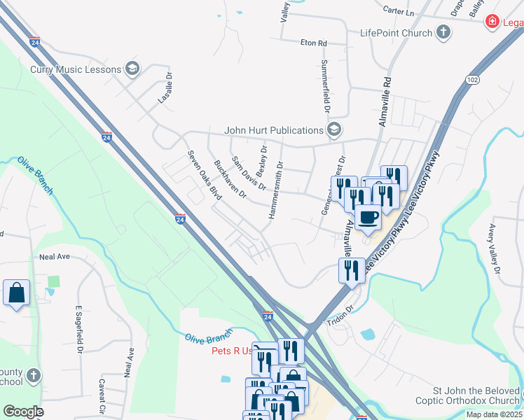 map of restaurants, bars, coffee shops, grocery stores, and more near 803 Buckhaven Drive in Smyrna
