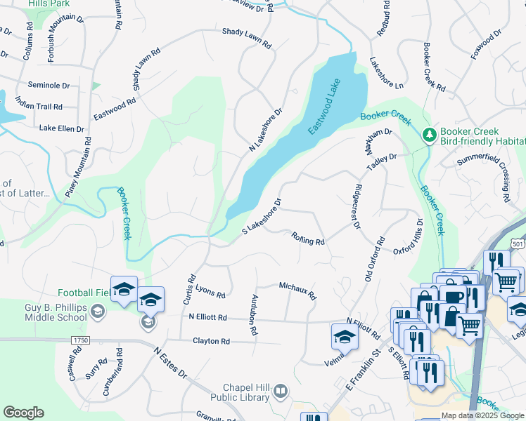 map of restaurants, bars, coffee shops, grocery stores, and more near 1821 South Lakeshore Drive in Chapel Hill