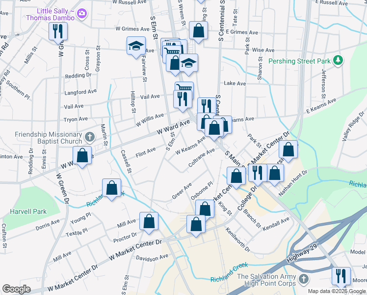 map of restaurants, bars, coffee shops, grocery stores, and more near 215 West Kearns Avenue in High Point
