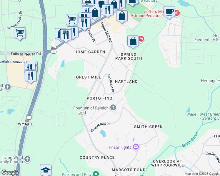 map of restaurants, bars, coffee shops, grocery stores, and more near 10124 San Remo Place in Wake Forest