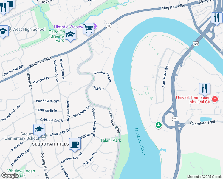 map of restaurants, bars, coffee shops, grocery stores, and more near 802 Bluff Drive in Knoxville