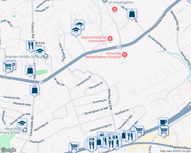 map of restaurants, bars, coffee shops, grocery stores, and more near 901 Wesley Road Northwest in Knoxville