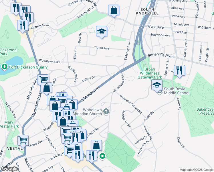 map of restaurants, bars, coffee shops, grocery stores, and more near 510 East Moody Avenue in Knoxville