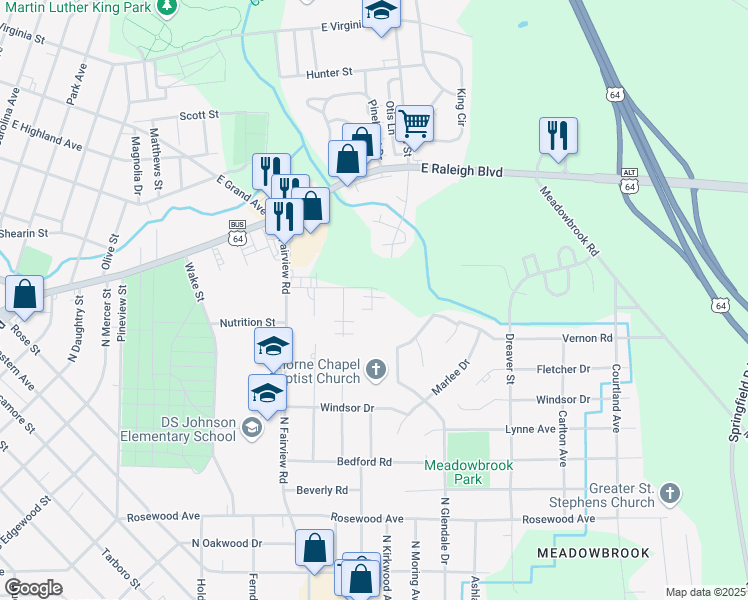 map of restaurants, bars, coffee shops, grocery stores, and more near 122 Nandina Court in Rocky Mount