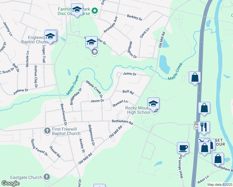 map of restaurants, bars, coffee shops, grocery stores, and more near 3005 Jason Drive in Rocky Mount