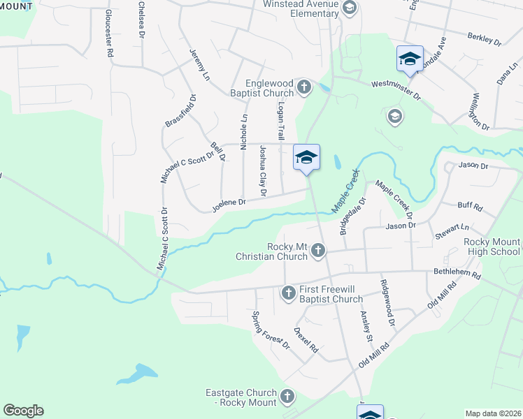 map of restaurants, bars, coffee shops, grocery stores, and more near 2020 Joelene Drive in Rocky Mount