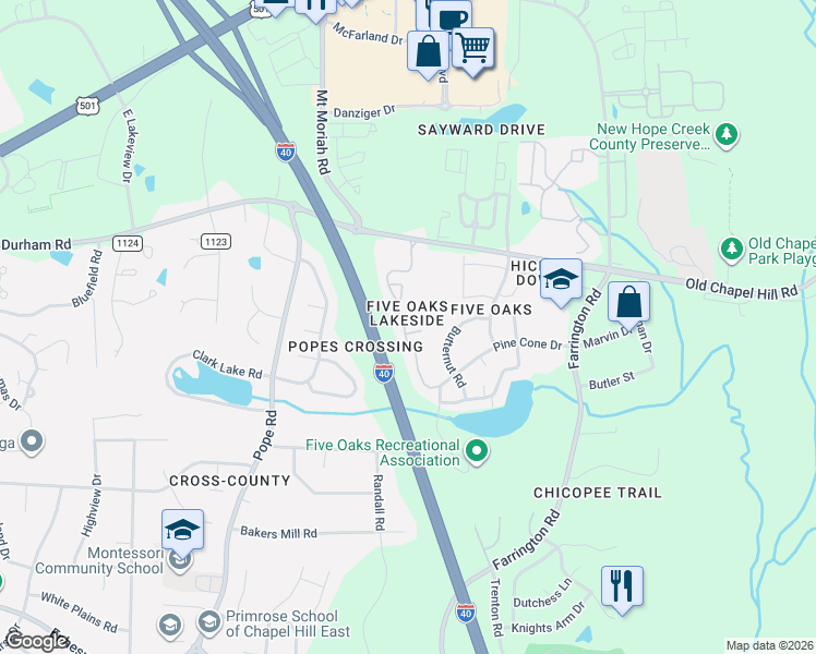map of restaurants, bars, coffee shops, grocery stores, and more near 4218 Pin Oak Drive in Durham