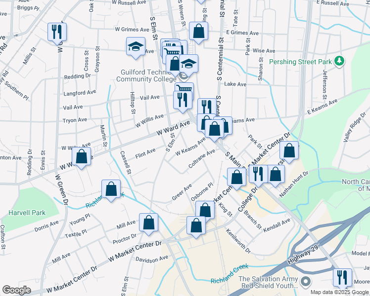 map of restaurants, bars, coffee shops, grocery stores, and more near 215 West Kearns Avenue in High Point