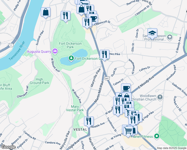 map of restaurants, bars, coffee shops, grocery stores, and more near 105 Henry Avenue in Knoxville