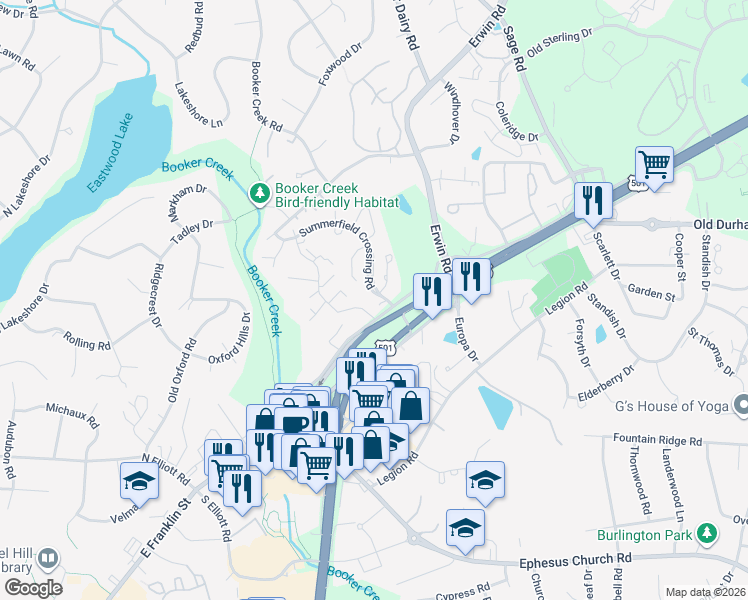 map of restaurants, bars, coffee shops, grocery stores, and more near 102 Beaver Dam Court in Chapel Hill