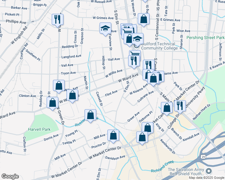 map of restaurants, bars, coffee shops, grocery stores, and more near 522 Flint Avenue in High Point
