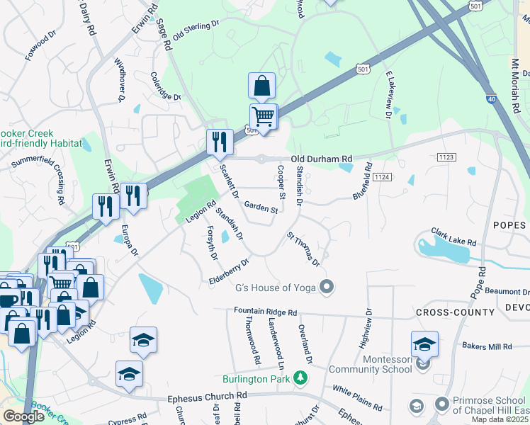 map of restaurants, bars, coffee shops, grocery stores, and more near 108 Garden Street in Chapel Hill