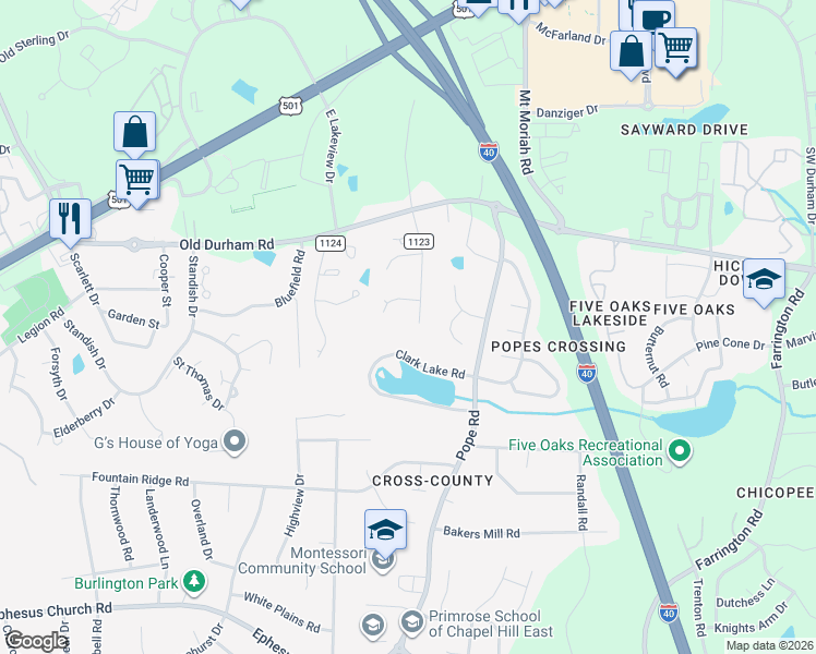 map of restaurants, bars, coffee shops, grocery stores, and more near 226 White Oak Drive in Durham