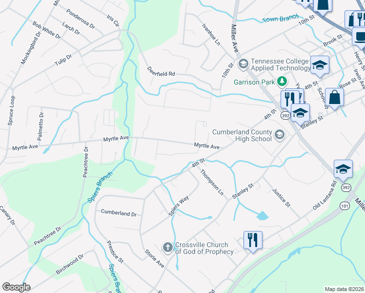 map of restaurants, bars, coffee shops, grocery stores, and more near 145 Lee Street in Crossville