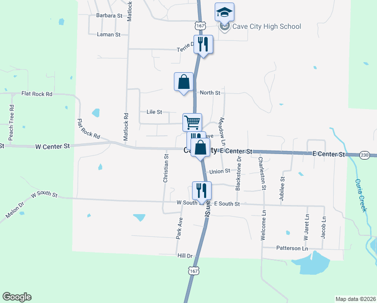 map of restaurants, bars, coffee shops, grocery stores, and more near 117 West Center Street in Cave City