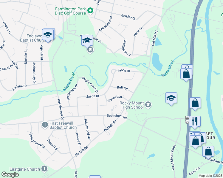 map of restaurants, bars, coffee shops, grocery stores, and more near 3005 Jason Drive in Rocky Mount