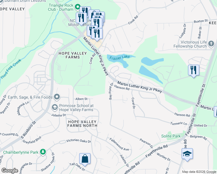 map of restaurants, bars, coffee shops, grocery stores, and more near 3 Stepney Court in Durham