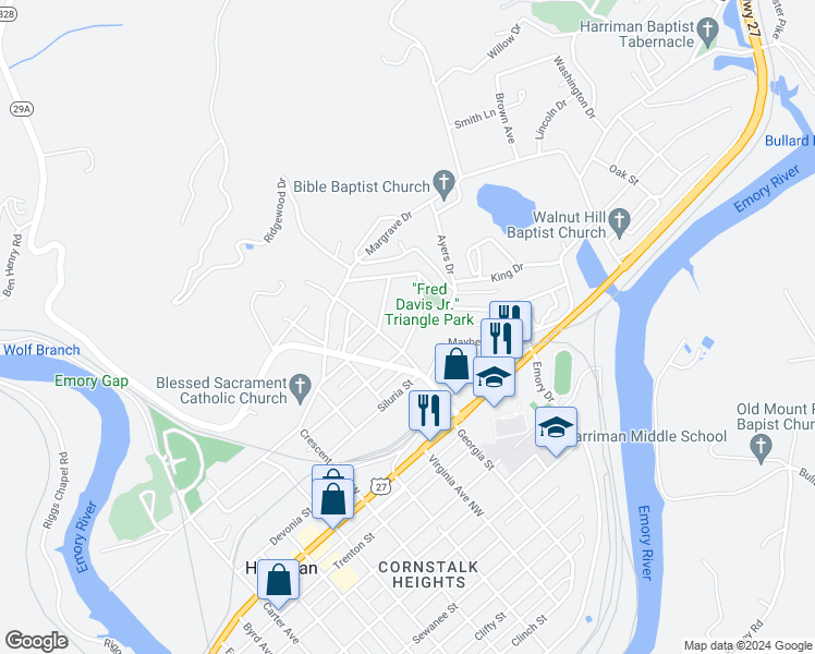 map of restaurants, bars, coffee shops, grocery stores, and more near 921 Unaka Street in Harriman