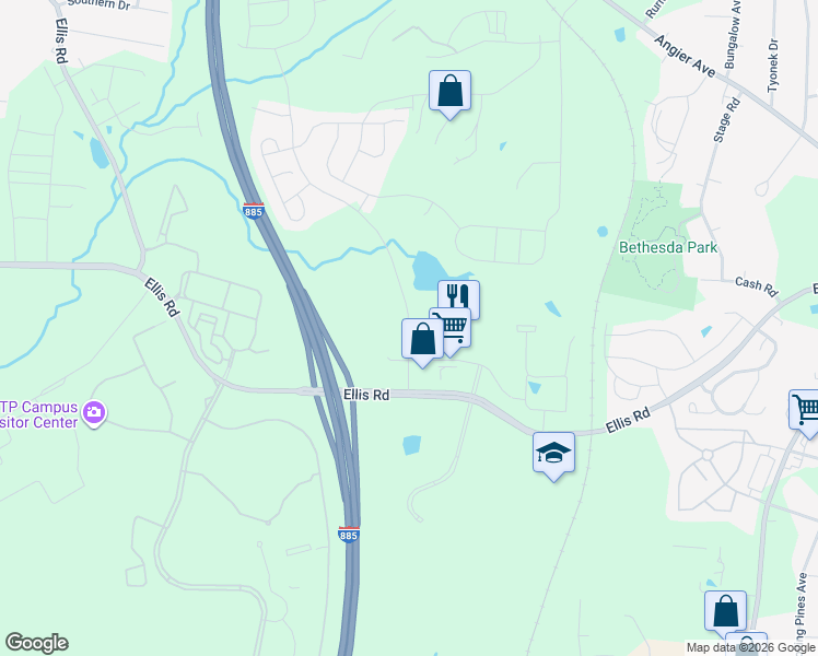 map of restaurants, bars, coffee shops, grocery stores, and more near 2215 Ellis Road in Durham
