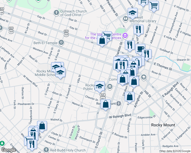 map of restaurants, bars, coffee shops, grocery stores, and more near 224 South Pearl Street in Rocky Mount