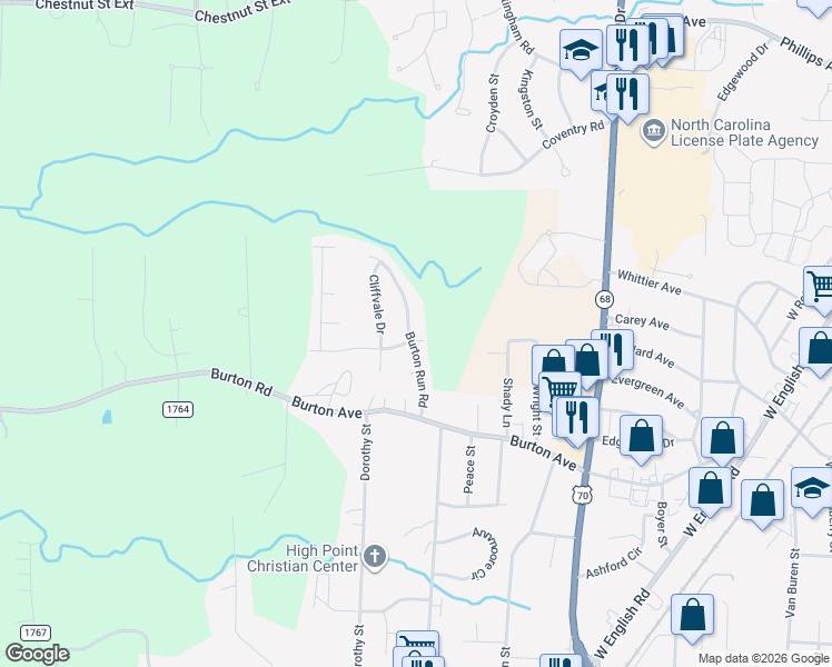 map of restaurants, bars, coffee shops, grocery stores, and more near 2104 Burton Run Road in High Point
