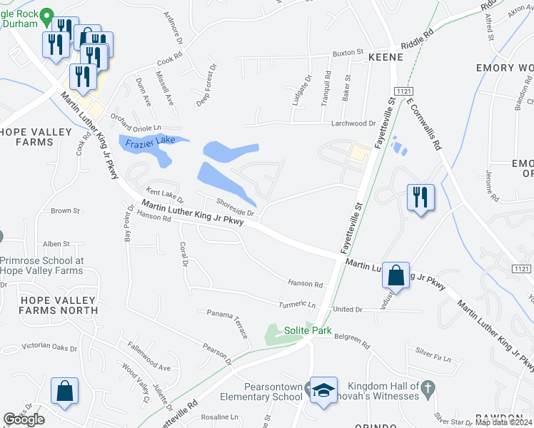 map of restaurants, bars, coffee shops, grocery stores, and more near 100 Stratford Lakes Drive in Durham