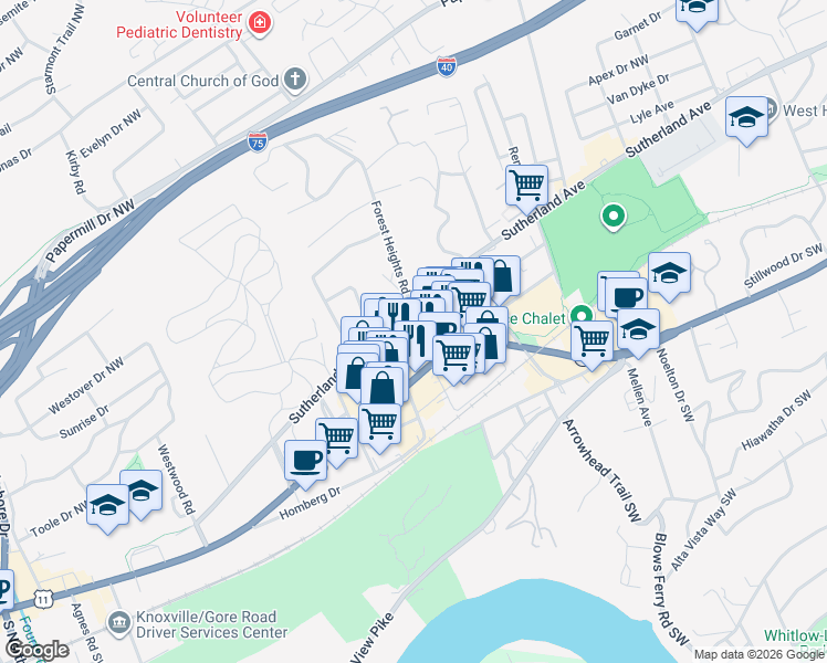 map of restaurants, bars, coffee shops, grocery stores, and more near 4869 Chambliss Avenue in Knoxville