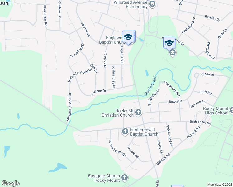 map of restaurants, bars, coffee shops, grocery stores, and more near 2020 Joelene Drive in Rocky Mount