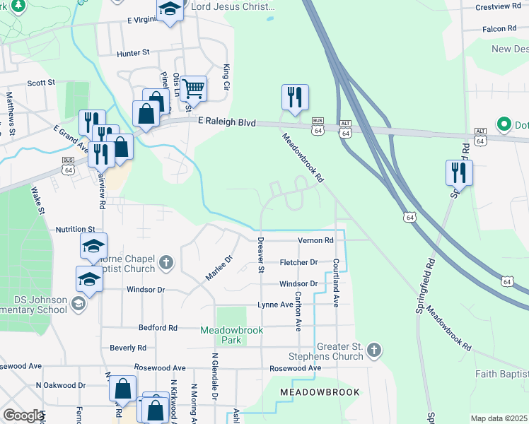 map of restaurants, bars, coffee shops, grocery stores, and more near 1045 Dreaver Street in Rocky Mount