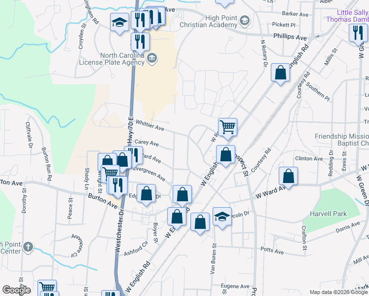 map of restaurants, bars, coffee shops, grocery stores, and more near 512 Ridgecrest Drive in High Point