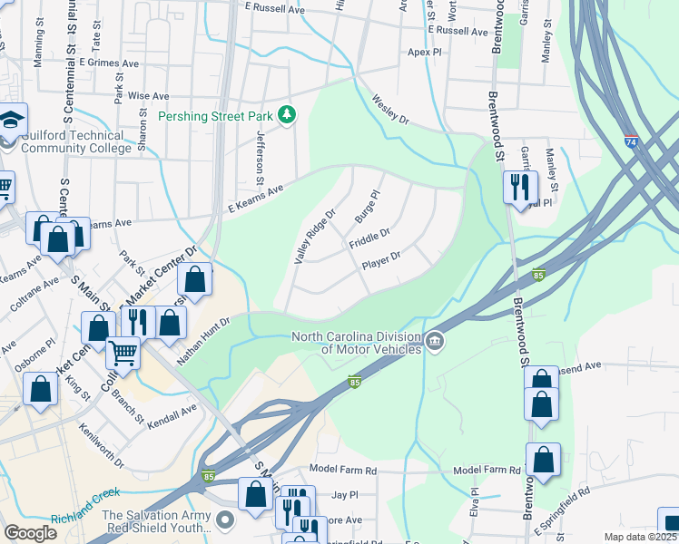 map of restaurants, bars, coffee shops, grocery stores, and more near 321 Player Drive in High Point