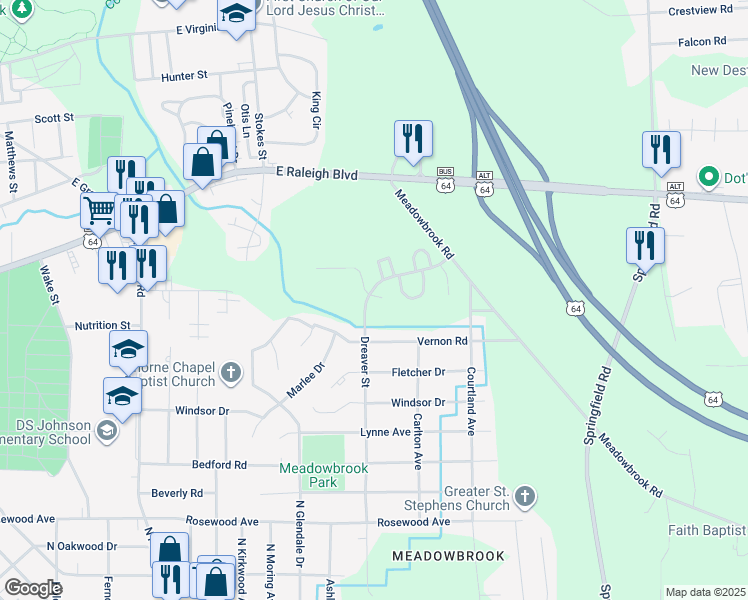 map of restaurants, bars, coffee shops, grocery stores, and more near 1045 Dreaver Street in Rocky Mount