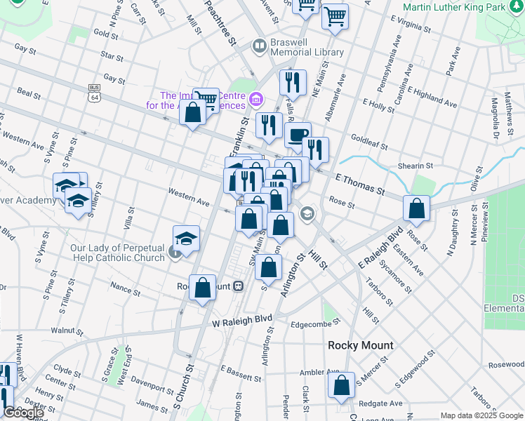map of restaurants, bars, coffee shops, grocery stores, and more near 146 Southwest Main Street in Rocky Mount