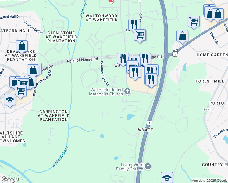 map of restaurants, bars, coffee shops, grocery stores, and more near 10711 Nickleby Way in Raleigh
