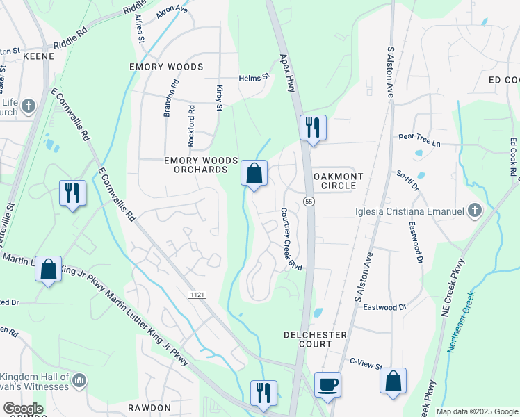 map of restaurants, bars, coffee shops, grocery stores, and more near 2776 Wyntercrest Lane in Durham