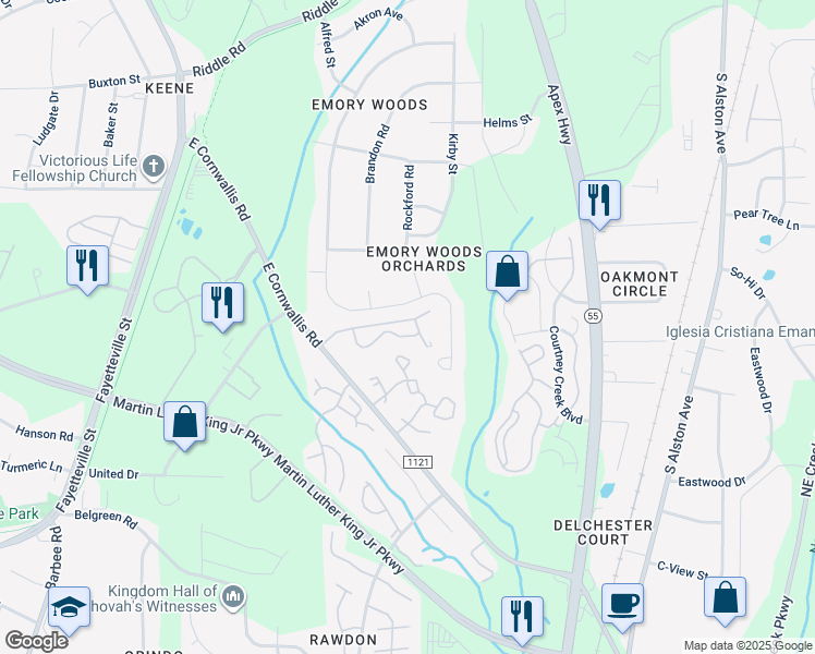 map of restaurants, bars, coffee shops, grocery stores, and more near 3501 Century Oaks Drive in Durham
