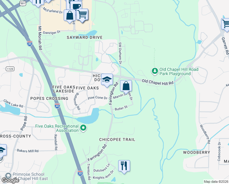 map of restaurants, bars, coffee shops, grocery stores, and more near 4135 Farrington Road in Durham