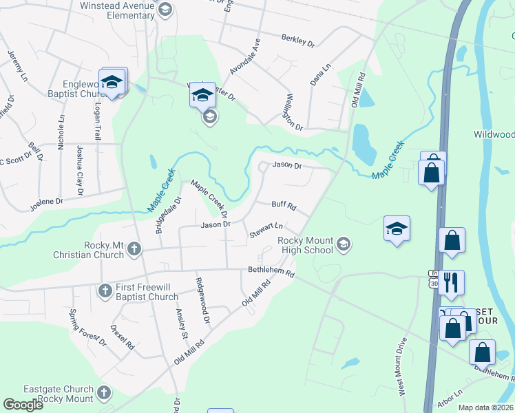 map of restaurants, bars, coffee shops, grocery stores, and more near 3001 Jason Drive in Rocky Mount