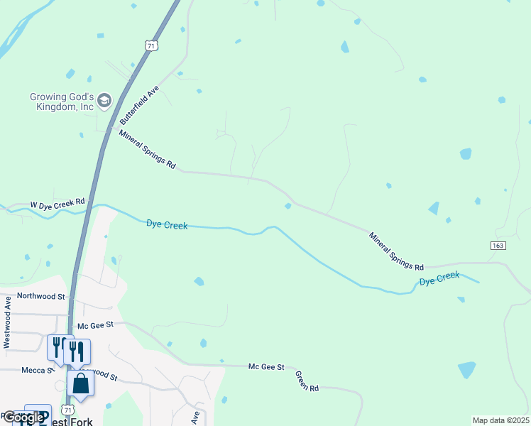 map of restaurants, bars, coffee shops, grocery stores, and more near 12131 Mineral Springs Road in West Fork