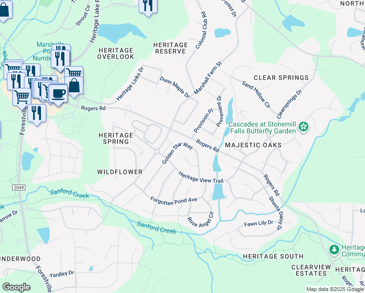 map of restaurants, bars, coffee shops, grocery stores, and more near 1124 Golden Star Way in Wake Forest