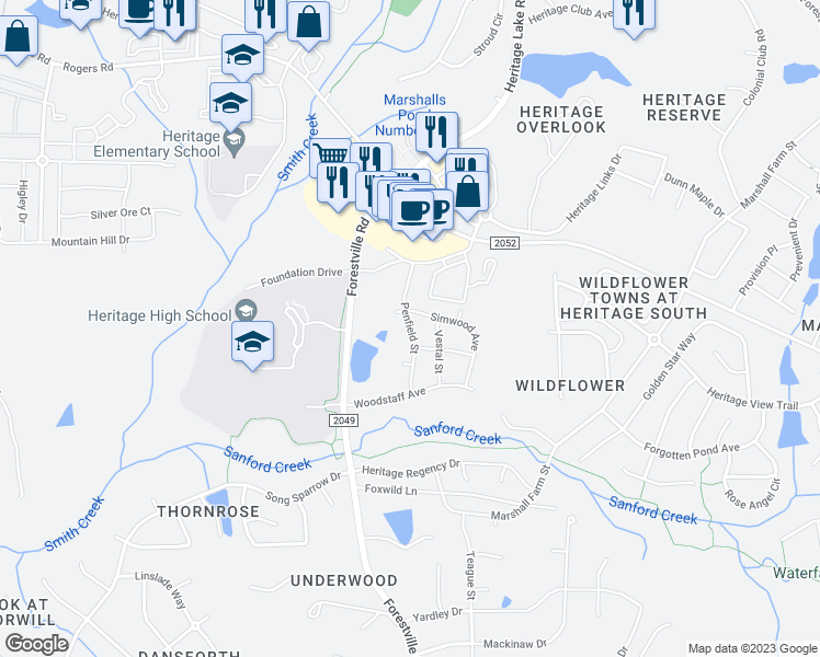 map of restaurants, bars, coffee shops, grocery stores, and more near 1025 Massenburg Road in Wake Forest