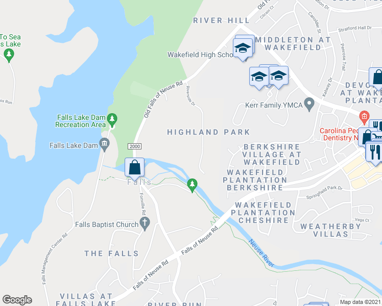 map of restaurants, bars, coffee shops, grocery stores, and more near 6117 Riverside Drive in Wake Forest
