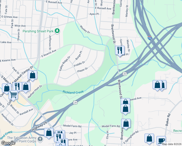 map of restaurants, bars, coffee shops, grocery stores, and more near 423 Nathan Hunt Drive in High Point